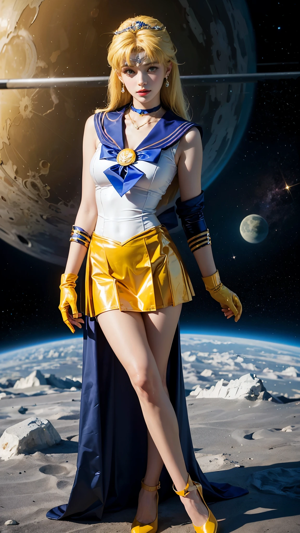 (((nsfw)))、((masterpiece:1.4)、(Highest quality:1.4)、(Realistic:1.7))、Masseter muscle area:1.4、Beautiful girl、(Sailor Moon:1.4)、tsukino usagi、Body Fit Sexy Sailor Warrior Uniform、(Latex Gloss)、(The jacket is a white sleeveless sailor suit.)、(Skirt Blue Sexy Ultra Ultra Pleated Mini Skirt)、The collar of the sailor suit is blue.、There are two thin lines.、High leg swimsuit、Red cloth decoration on chest、(wearing white gloves)、pretty girl、Super Beauty、Sharp focus、Portrait Photography、(Perfect female body:1.4)、Perfect Proportions、Upper body photo shoot:1.4、Beautiful Face、Beautiful Eyes、Tight waist、Beautiful feet、(Yellow Hair:1.4)、(Hair length:1.2)、Beautiful breasts、Big ample breasts:1.2、Sexy ass、RAW Photos、Red lips、Red High Heels:1.4、choker:1.4、necklace:1.4、Earrings:1.4、Gorgeous golden tiara:1.4、1 Screen Display、moon、Cosmos、Spaceship、Space Station、City of the Future