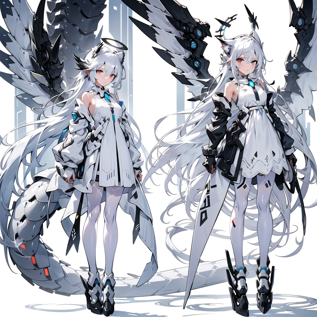 masterpiece, highest quality, highest resolution, clear_image, detailed details, White hair, long hair, cat ears, 1 girl, red eyes, white pantyhose, sci-fi dress, white scarf (white scarf around the neck with a light blue glow), gray futuristic halo (gray halo over the head), white wings (4 wings), cute, full body, no water marks, snow, normal ears