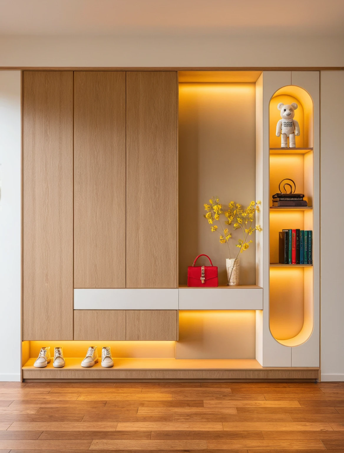 Raw photo,Masterpiece, high quality, best quality, authentic, super detail, interior, shoes Cabinet style modern, sunset, daylight, shoe cabinets, decorative cabinets, flower vases, decorations, books, wooden floor, handbags, shoes, bearbrick, 