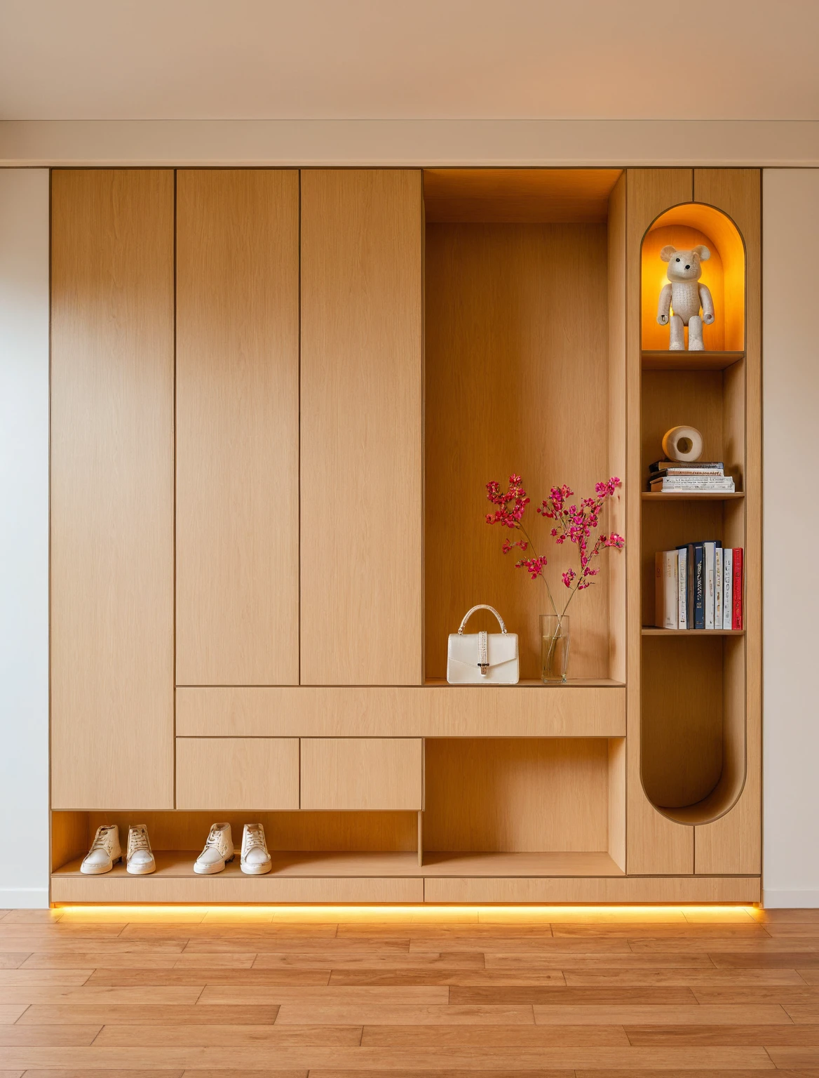 Raw photo,Masterpiece, high quality, best quality, authentic, super detail, interior, shoes Cabinet style modern, sunset, daylight, shoe cabinets, decorative cabinets, flower vases, decorations, books, wooden floor, handbags, shoes, bearbrick, 