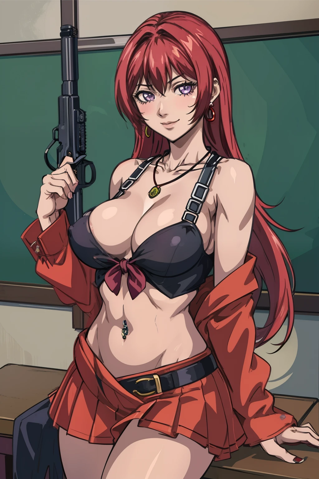 (high quality:1.2), intricate detailed, digital art,
(TakashiroGaiden:1.1), 1girl,  solo,
looking at viewer, smirk,
purple eyes, long hair, red hair,
anime girl with long hair, beautiful long haired girl, blush, lipstick, masterpiece, best quality, ((unbuttoned , cleavage, necklace, earrings, sexy body,
breasts)) , micro skirt, smiling, navel , exposed belly, exposed navel,(nsfw) not safe for work,school, knot,
classroom , holding a gun, hold a gun,navel piercing