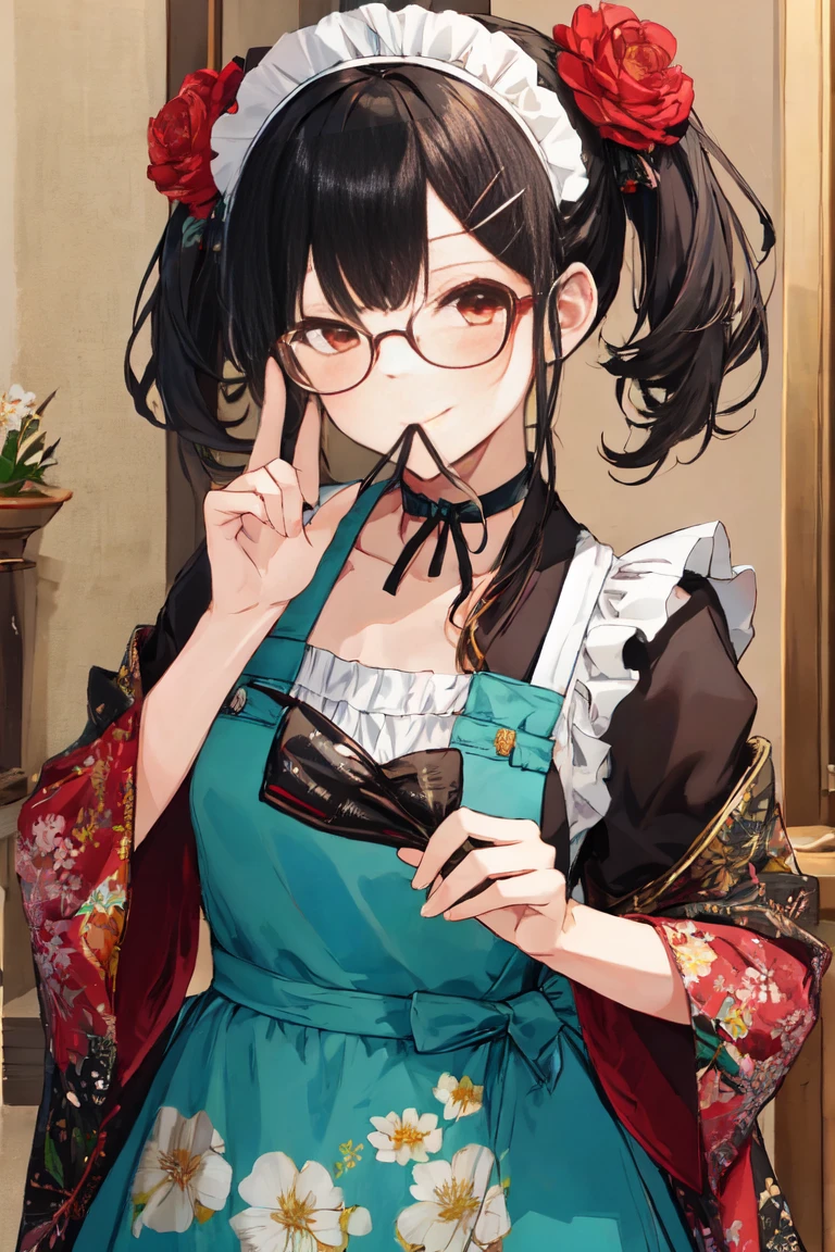 masterpiece, Highest quality, Super detailed, figure,One girl,  apron, bangs, Black Hair, black choker, red面, Mouth closed, choker, Floral print, Glasses, hair ornaments, Hair Clip, kimono, kimono, Maid&#39;s Headdress, smile, ookami mio, Part your lips, ponytail, (red_kimono:1.3), 丸いGlasses, alone, Upper Body, I am a maid, white apron, Wrist cuff 