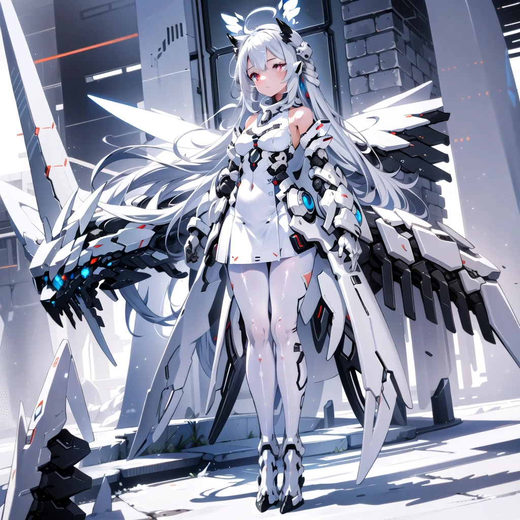 masterpiece, highest quality, highest resolution, clear_image, detailed details, White hair, long hair, cat ears, 1 girl, red eyes, white pantyhose, sci-fi dress, white scarf (white scarf around the neck with a light blue glow), gray futuristic halo (gray halo over the head), white wings (4 wings), cute, full body, no water marks, snow, normal ears