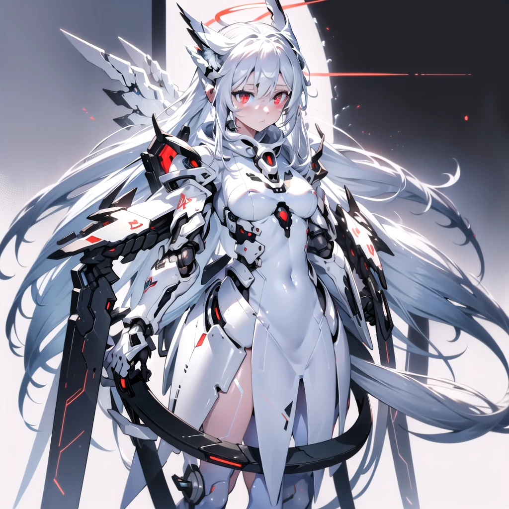 masterpiece, highest quality, highest resolution, clear_image, detailed details, White hair, long hair, cat ears, 1 girl, red eyes, white pantyhose, sci-fi dress, white scarf (white scarf around the neck with a light blue glow), gray futuristic halo (gray halo over the head), white wings (4 wings), cute, full body, no water marks, snow, normal ears