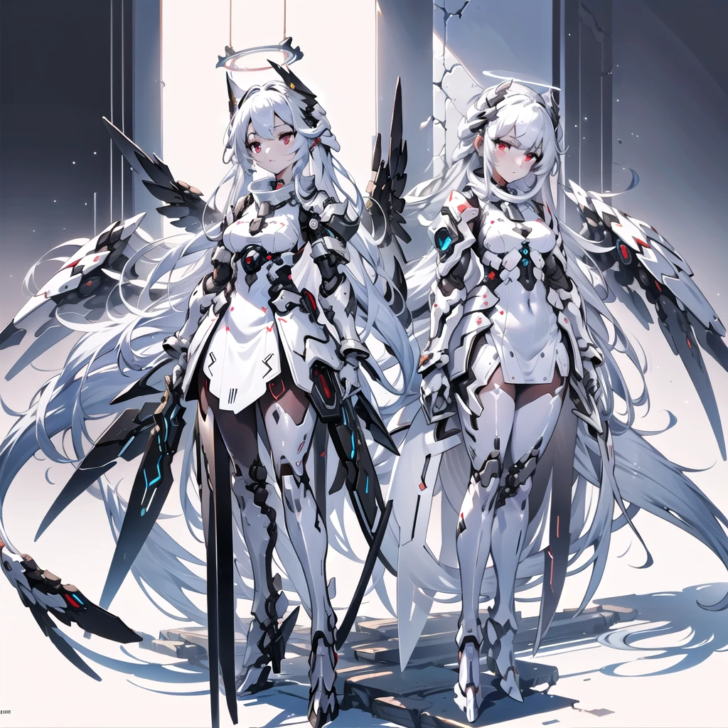 masterpiece, highest quality, highest resolution, clear_image, detailed details, White hair, long hair, cat ears, 1 girl, red eyes, white pantyhose, sci-fi dress, white scarf (white scarf around the neck with a light blue glow), gray futuristic halo (gray halo over the head), white wings (4 wings), cute, full body, no water marks, snow, normal ears