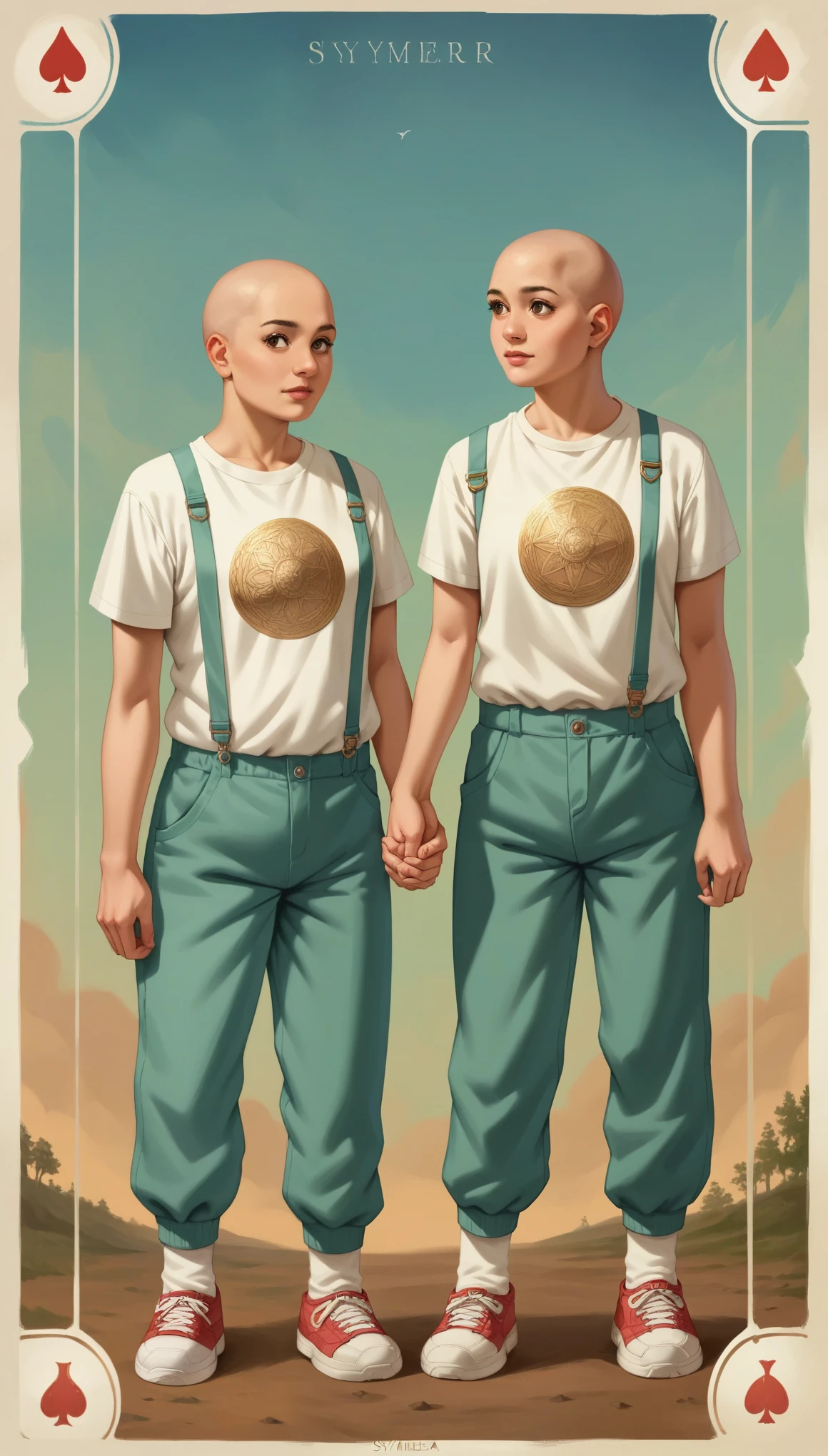 score_9, score_8_up, score_7_up, score_6_up, score_5_up, score_4_up,
2others, female, (twins:1.2), (holding hands) , bald head, big belly, fat, short, small height, (extra super short haircut:1.5), detailed eyes, eyelashes, frills, (T-shirt, jumpsuit, suspenders, knee socks, sneakers),
Full body standing painting, (((solo))), Simple line design, ((tarot card background, symmetric beauty)), perfectly symmetrical, The art of symmetry, floating drawings of characters, ((flatcolors)), tmasterpiecetop Qualities qualtiy