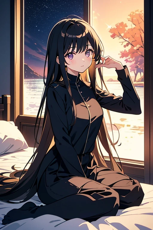 High range, Highest quality, figure, Cinematic Light, Ultra-detailed, Detailed face, (Fine grain), Highest quality, Very detailed, Master Parts, (Detailed face),1人のgirl, girl, Long black hair, Purple eyes, More Information, Shining Eyes, Sentado na bed, Sitting, bed, window, Night Sky, Outside Lake, two, two cheia, Backlight, light, (High Contrast), (colorful),Large Breasts