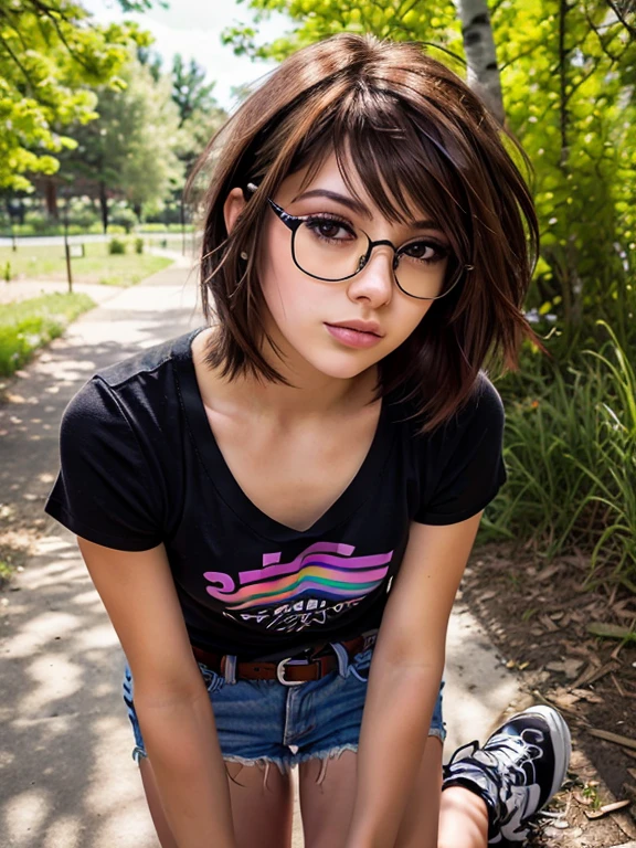 Best quality, Ultra high resolution, (Photorealistic:1.4), (masterpiece, Best quality:1.2), ****ung tomboy girl, 22, rat, athlete, LGBTQ+, hippie, One, Russian chubby brown-eyed girl in glasses with aesthetic small breasts and beautiful erect nipples, round face, round cheeks, small round chin, wide cheekbones, beautiful proportional small wide nose, beautiful soft lips, closed mouth, large expressive brown eyes, Long eyelashes, glasses with lenses, A little crazy look, sparkle in the eyes, spiky tousled dark brown tousled slightly wavy medium length shoulder length hair(Tousled, rebellious 80s punk rock hairstyle)(gray strand in bangs), Sports figure, trained muscular body, short stature, beautiful bare trained legs, narrow hips,  black printed T-shirt "Peace" on the naked body(absolutely no panties), sneakers, широкий rainbow belt(rainbow belt:1.4), beautiful bare muscular arms, Graceful fingers, velvety skin, Full length photo portrait, high quality textures кожи человека, beautiful young face, Ideal Anatomy, realistic textures, realistic glasses with distorting lenses, long shot, free sitting pose, in the park near the birch tree, rainbow shorts, open legs, cowboy shot, front view, (beautiful clear detailed face:1.2), Increased image sharpness, sharp image, high quality textures, high detail, realistic textures 