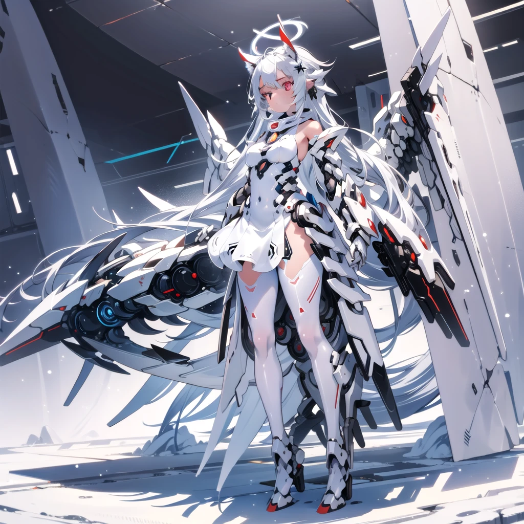 masterpiece, highest quality, highest resolution, clear_image, detailed details, White hair, long hair, cat ears, 1 girl, red eyes, white pantyhose, sci-fi dress, white scarf (white scarf around the neck with a light blue glow), gray futuristic halo (gray halo over the head), white wings (4 wings), cute, full body, no water marks, snow, normal ears