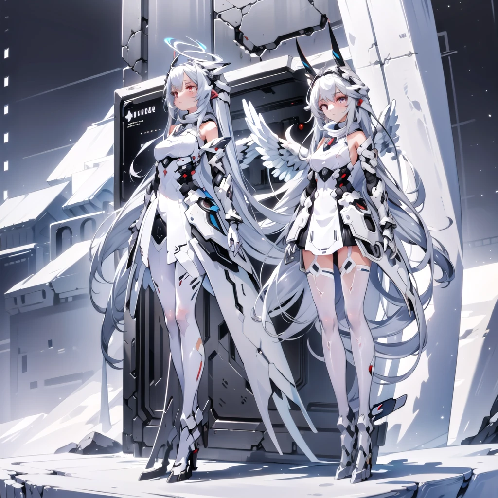 masterpiece, highest quality, highest resolution, clear_image, detailed details, White hair, long hair, cat ears, 1 girl, red eyes, white pantyhose, sci-fi dress, white scarf (white scarf around the neck with a light blue glow), gray futuristic halo (gray halo over the head), white wings (4 wings), cute, full body, no water marks, snow, normal ears