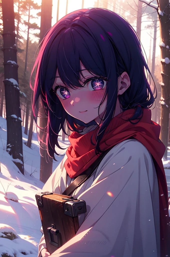 aihoshino, Ai Hoshino, Long Hair, bangs, (Purple eyes:1.1), Purple Hair, (Symbol-shaped pupil:1.5), smile,,smile,blush,White Breath,
Open your mouth,snow,Ground bonfire, Outdoor, boots, snowing, From the side, wood, suitcase, Cape, Blurred, , forest, White handbag, nature,  Squat, Mouth closed, Cape, winter, Written boundary depth, Black shoes, red Cape break looking at viewer, Upper Body, whole body, break Outdoor, forest, nature, break (masterpiece:1.2), highest quality, High resolution, unity 8k wallpaper, (shape:0.8), (Beautiful and beautiful eyes:1.6), Highly detailed face, Perfect lighting, Highly detailed CG, (Perfect hands, Perfect Anatomy),