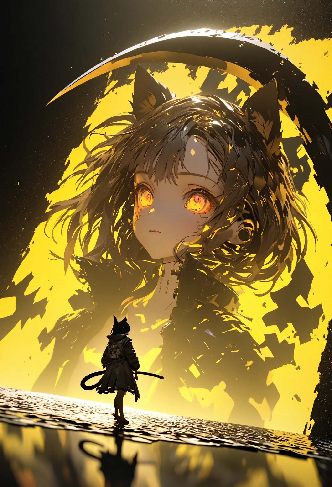 Detailed silhouette of a cyberpunk girl with cat ears and a tail, Flowing, Tattered coat, He has a giant scythe with a mechanical cat design on it., Stand on the glossy, Minimalist reflective surface, Yellow background, sense of depth:1.4, fish eye