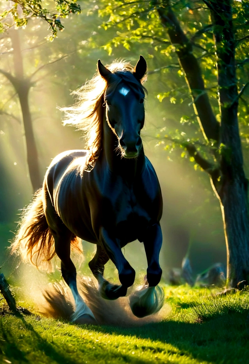 Full body photo, (Best quality,8K,high resolution,Masterpiece:1.2),Ultra-detailed,Realistic, portrait, Percheron black horse, shiny fur, Galloping stallion, walking,cancel more legs,focus on eyes, focus on the horse feet texture, full bodyesbian,elegant,Graceful,Strong presence,rippling muscles,flowing mane and tail,Curved neck and arched back,Sharp focus,intense eyes,The nostrils buzz,Hoofs hits the ground,Dust flying in the air,Hoofs sinks in green grass,Graze on green meadows,Magnificent creatures,Imposing body,Robust construction,Vivid colors,Soft lighting,Subtle shadows,neutral color palette.