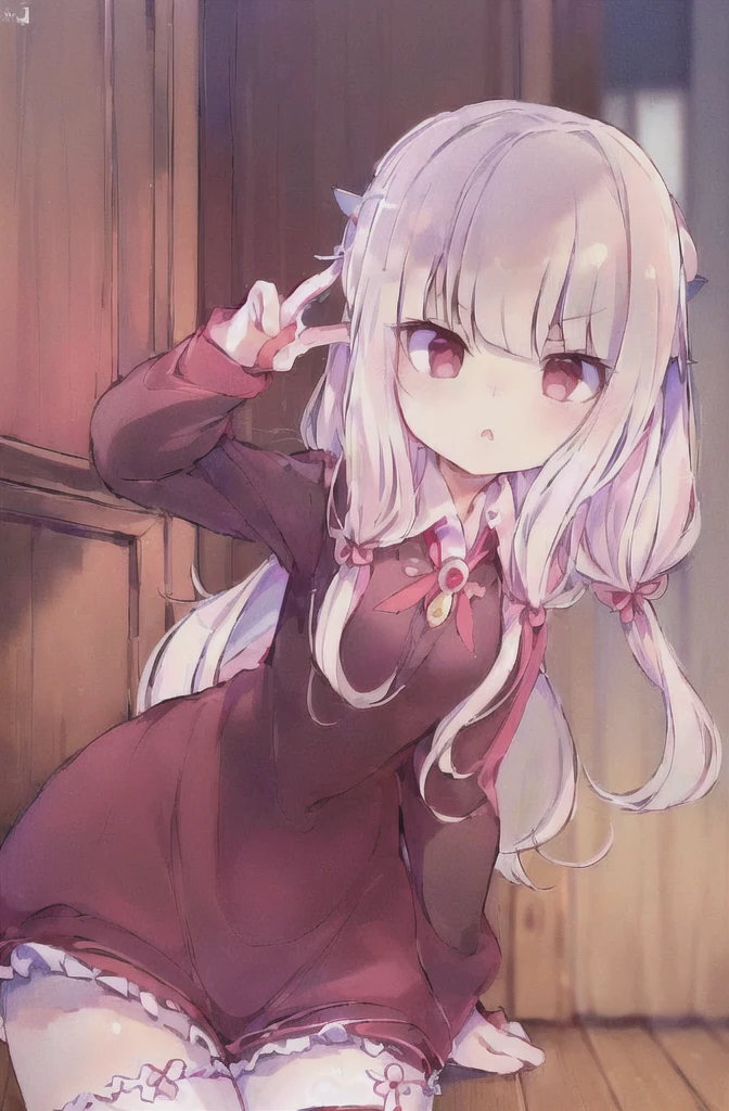 ((masterpiece, Highest quality, Super detailed)), (One girl:1.2), cute_face, Illyasviel von Einzbern, Prisma Illya, Blunt bangs, Red eyes, hair, Long Hair, Gray Hair, View your viewers, from the front, close, Portraiture, concentrated, Leaning forward, From below,  kamisato_Ayaka,