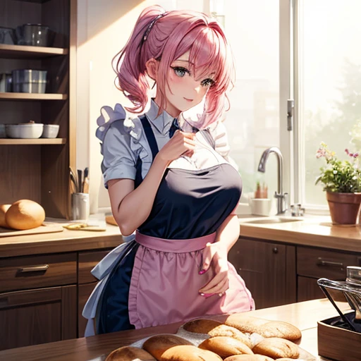 (top-quality)、Girl in apron making cake、(There is fresh cream on the head of the nose)、kitchin、Wavy Hair、Apron、Pretty girl with a smile