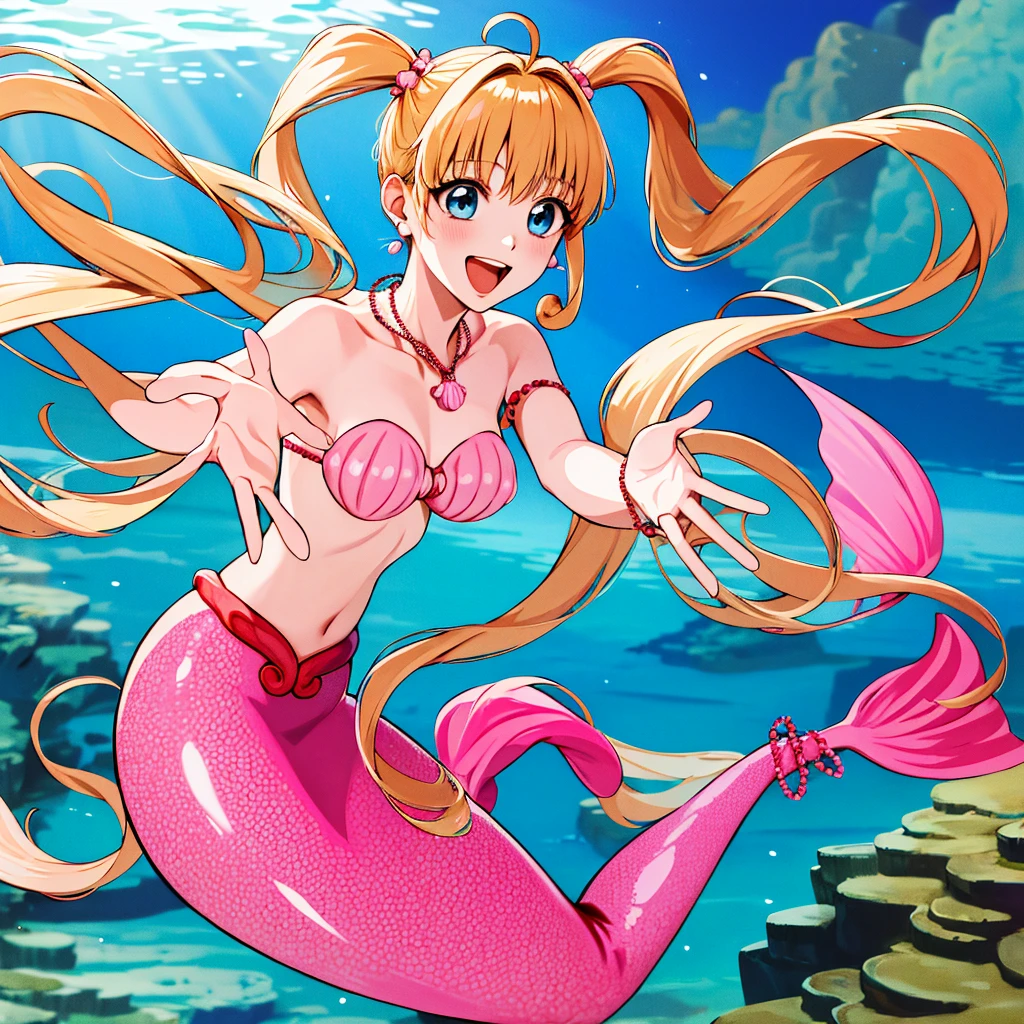 masterpiece, best quality, highres, hmnl, mermaid, twintails, blue eyes, long hair, ahoge, hair ornament, jewelry, pink mermaid, shell bikini, bracelet, earrings, shell necklace, underwater, ocean, smile, cowboy shot, reaching out, open mouth,