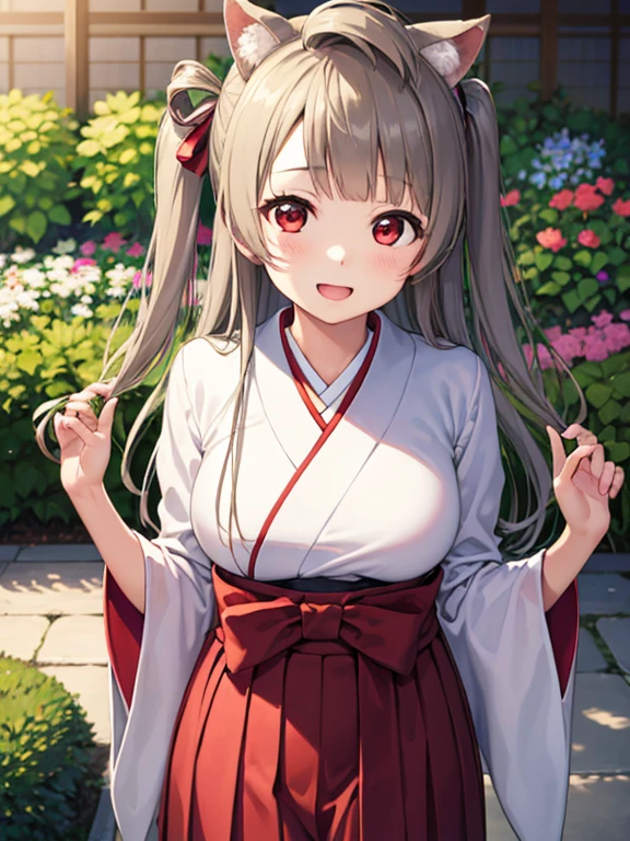 masterpiece、Highest quality、Minami Kotori、Very detailed、solo、Minami Kotori,Three-dimensional、View from the front、かわいいAnimal ears, One side up, ヘアribbon, ribbon, Long Hair,Both arms、The Taisho Period in Japan、White kimono、Outside of the hakama、garden、Animal ears、Realistic、Black Hair, (Red eyes:1.1),One Girl、beautiful flower々満開のgarden、Absolute reference to the center、Laughter、fun!　、Standing on the grass、Absolute reference to the center、Large Breasts