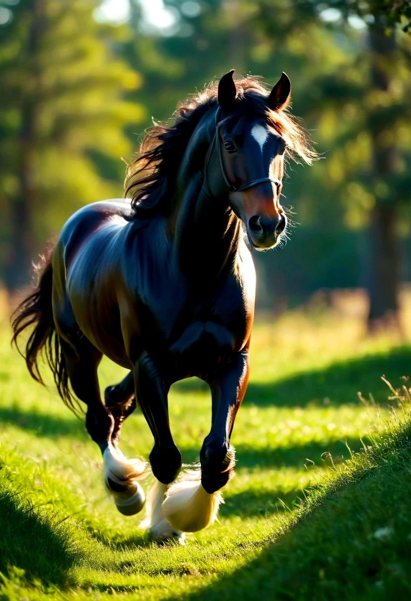 Full body photo, (Best quality,8K,high resolution,Masterpiece:1.2),Ultra-detailed,Realistic, portrait, Percheron black horse, shiny fur, Galloping stallion, walking,cancel more legs,focus on eyes, focus on the horse feet texture, full bodyesbian,elegant,Graceful,Strong presence,rippling muscles,flowing mane and tail,Curved neck and arched back,Sharp focus,intense eyes,The nostrils buzz,Hoofs hits the ground,Hoofs sinks in green grass,Graze on green meadows,Magnificent creatures,Imposing body,Robust construction,Vivid colors,Soft lighting,Subtle shadows,neutral color palette.