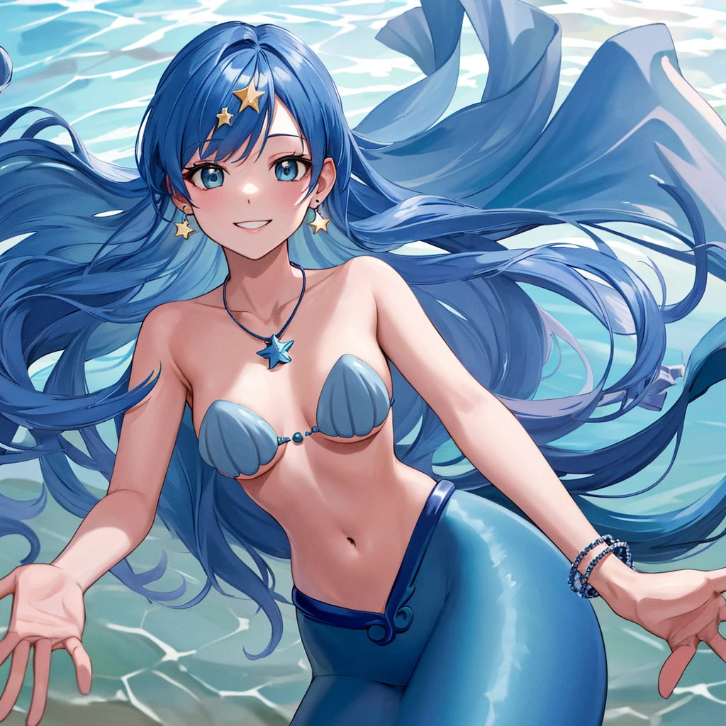 girl upper body, mermaid, blue long hair, looking down, disney style, best quality