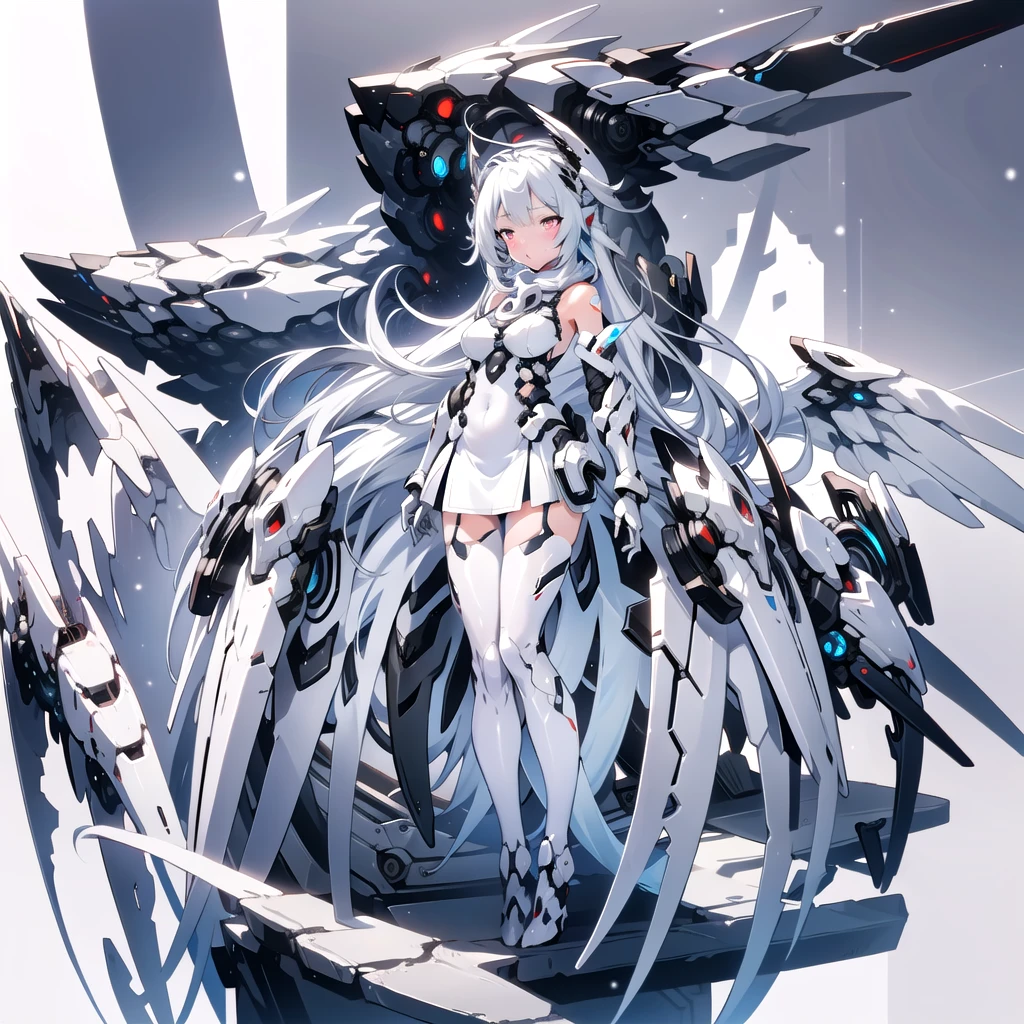 masterpiece, highest quality, highest resolution, clear_image, detailed details, White hair, long hair, cat ears, 1 girl, red eyes, white pantyhose, sci-fi dress, white scarf (white scarf around the neck with a light blue glow), gray futuristic halo (gray halo over the head), white wings (4 wings), cute, full body, no water marks, snow, normal ears