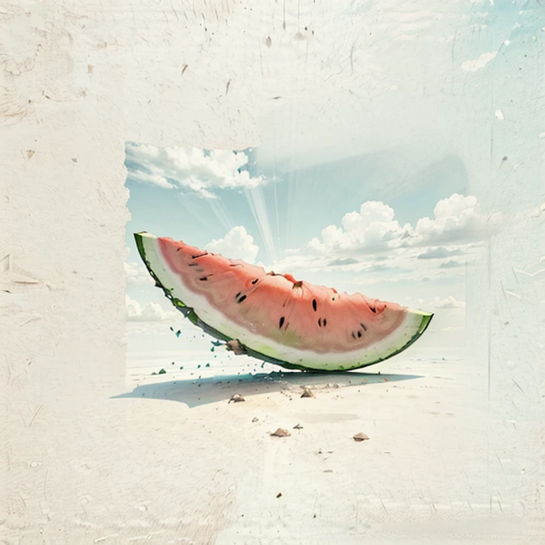 Poster of a slice of watermelon under blue cloudy sky