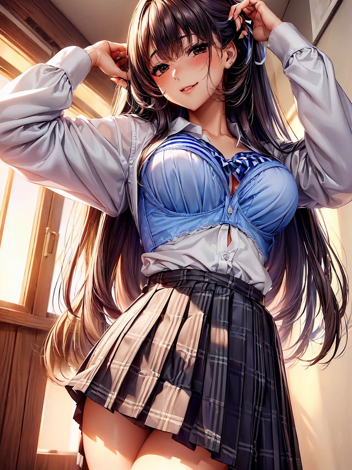 ((masutepiece, Best Quality, hight resolution, nffsw, Perfect Pixel, 4K, nffsw, nffsw))), 1girl in, Single, Solo, Beautie、full body seen、 ((Medium length wavy hair, Bangs, Brown hair)), ((Brown-eyed, Beautiful eyelashes, Realistic eyes)), ((Detailed face, Blushing:1.2)), ((Smooth texture:0.75, Realistic texture:0.65, Photorealistic:1.1, Anime CG style)), medium breasts, Dynamic Angle, Perfect body, ((School uniform,  White shirt, Black skirt, Unbuttoned shirt、plaid skirts、I'm not wearing shoes、White Sox)), Classrooms without people、Sit on a desk、Lower&#39;I took my foot off the desk......................................、early evening、、、Very embarrassing panic smile、(Lift the skirt with your right hand、Open both legs、Open your knees wide、Light blue and yellow floral lace panties)、、(Cute floral bra)、Angle from below