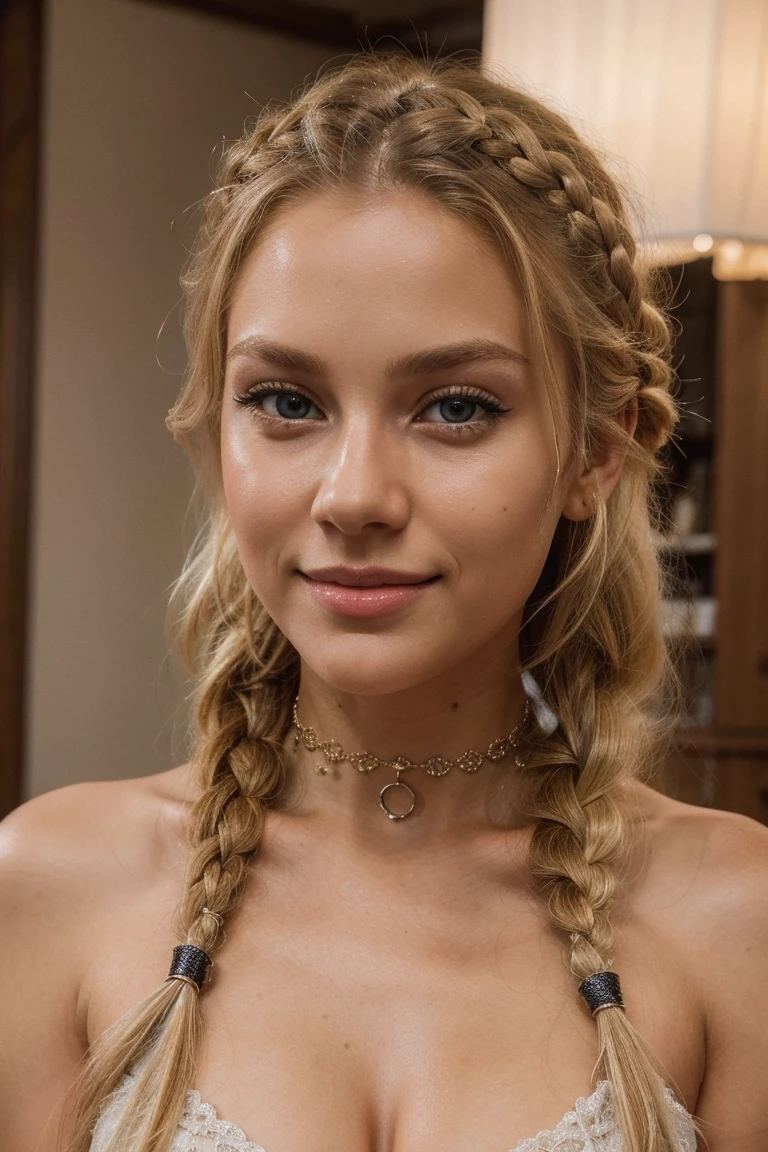 award-winning glamor photo,((best quality)), ((Meisterwerk)), ((realistisch)), stechenden Augen, schaut geradeaus, veryhappy, blondes Haar, Quad braids,sexy pose