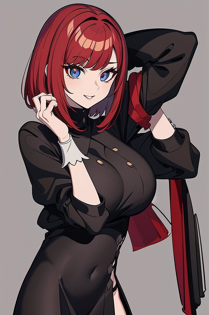 a beautiful girl with red hair wearing a black dress, detailed facial features, bob haircut, full body illustration, woman wearing a long black and red coat, solo character, white background, anime style, highly detailed, photorealistic, 8k, best quality, masterpiece, blue eyes, short hair