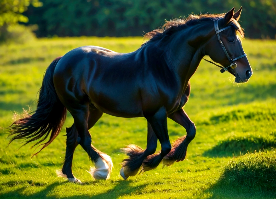 Full body photo, (Best quality,8K,high resolution,Masterpiece:1.2),Ultra-detailed,Realistic, portrait, Percheron black horse, shiny fur, Galloping stallion, walking,cancel more legs,focus on eyes, focus on the horse feet texture, full bodyesbian,elegant,Graceful,Strong presence,rippling muscles,flowing mane and tail,Curved neck and arched back,Sharp focus,intense eyes,The nostrils buzz,Hoofs hits the ground,Hoofs sinks in green grass,Graze on green meadows,Magnificent creatures,Imposing body,Robust construction,Vivid colors,Soft lighting,Subtle shadows,neutral color palette.