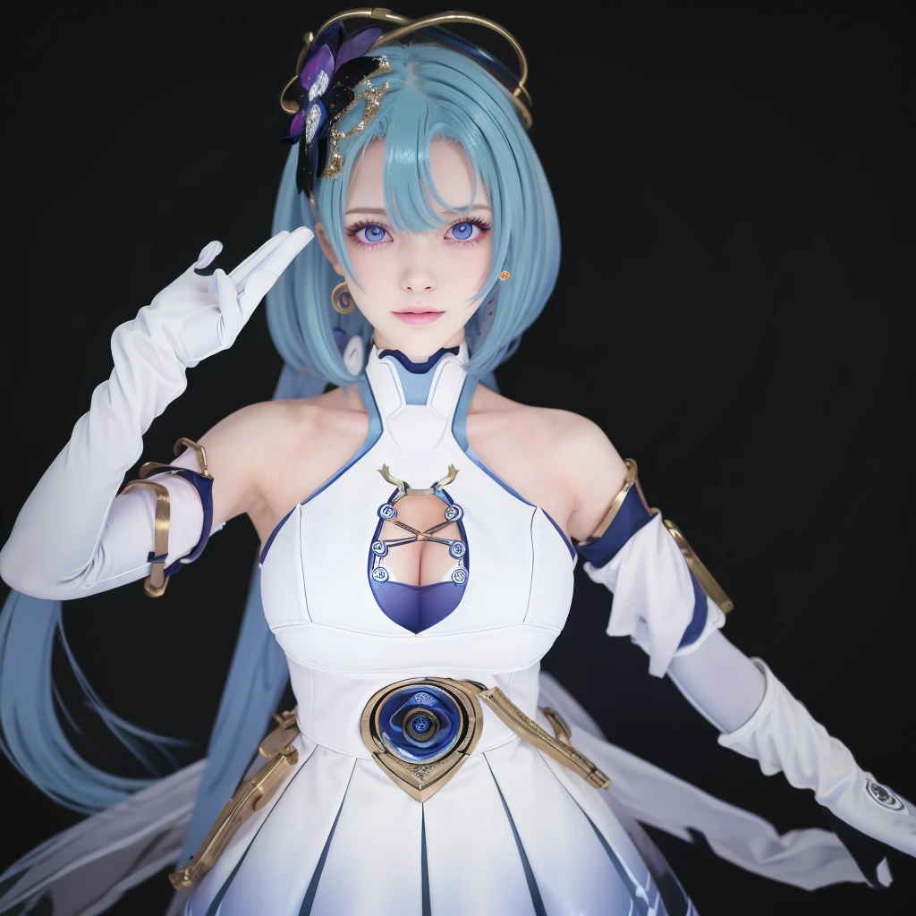 griseo,Cosmic Expression,Adult female,1girl, solo, long hair,large breast, looking at viewer, bangs, simple background, hair ornament, gloves, dress, bare shoulders, closed mouth, blue hair, purple eyes, upper body, white gloves, white dress, blue background,