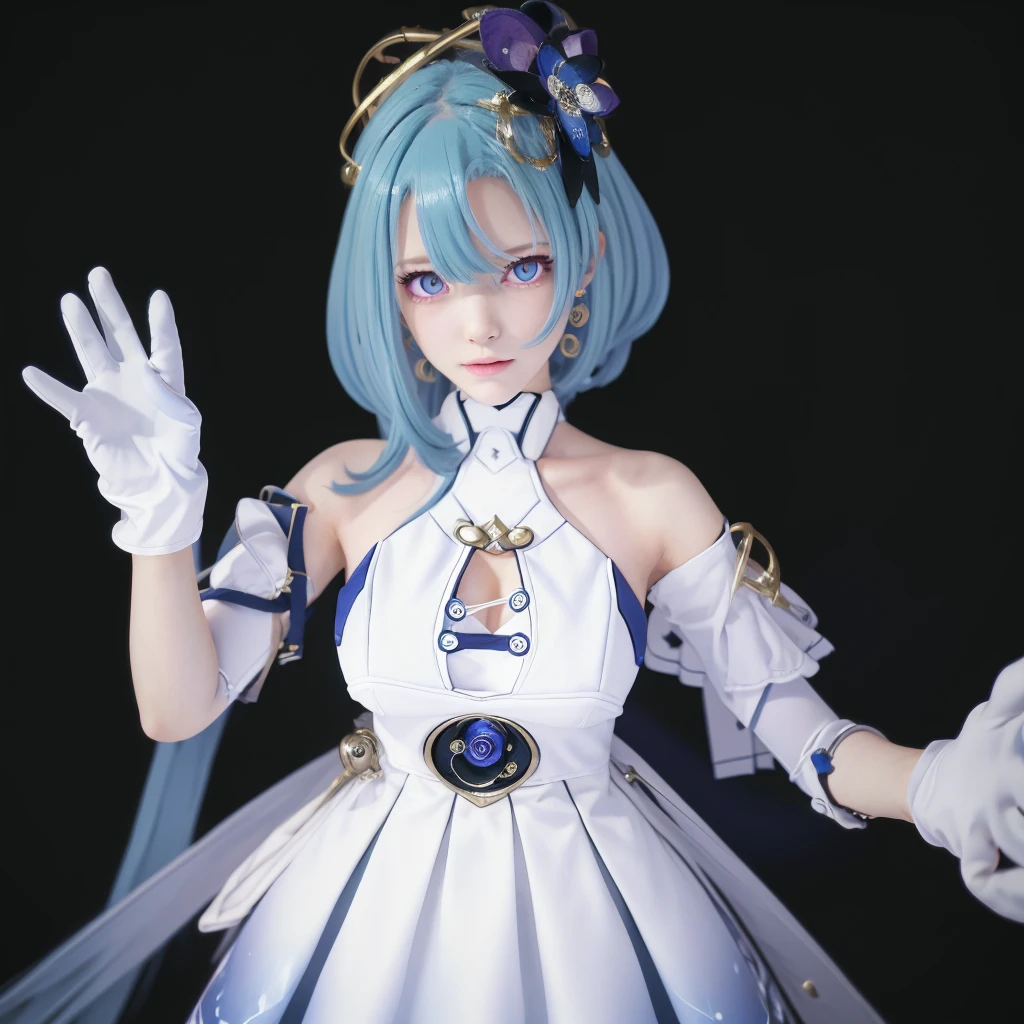 griseo,Cosmic Expression,Adult female,1girl, solo, long hair,large breast, looking at viewer, bangs, simple background, hair ornament, gloves, dress, bare shoulders, closed mouth, blue hair, purple eyes, upper body, white gloves, white dress, blue background,