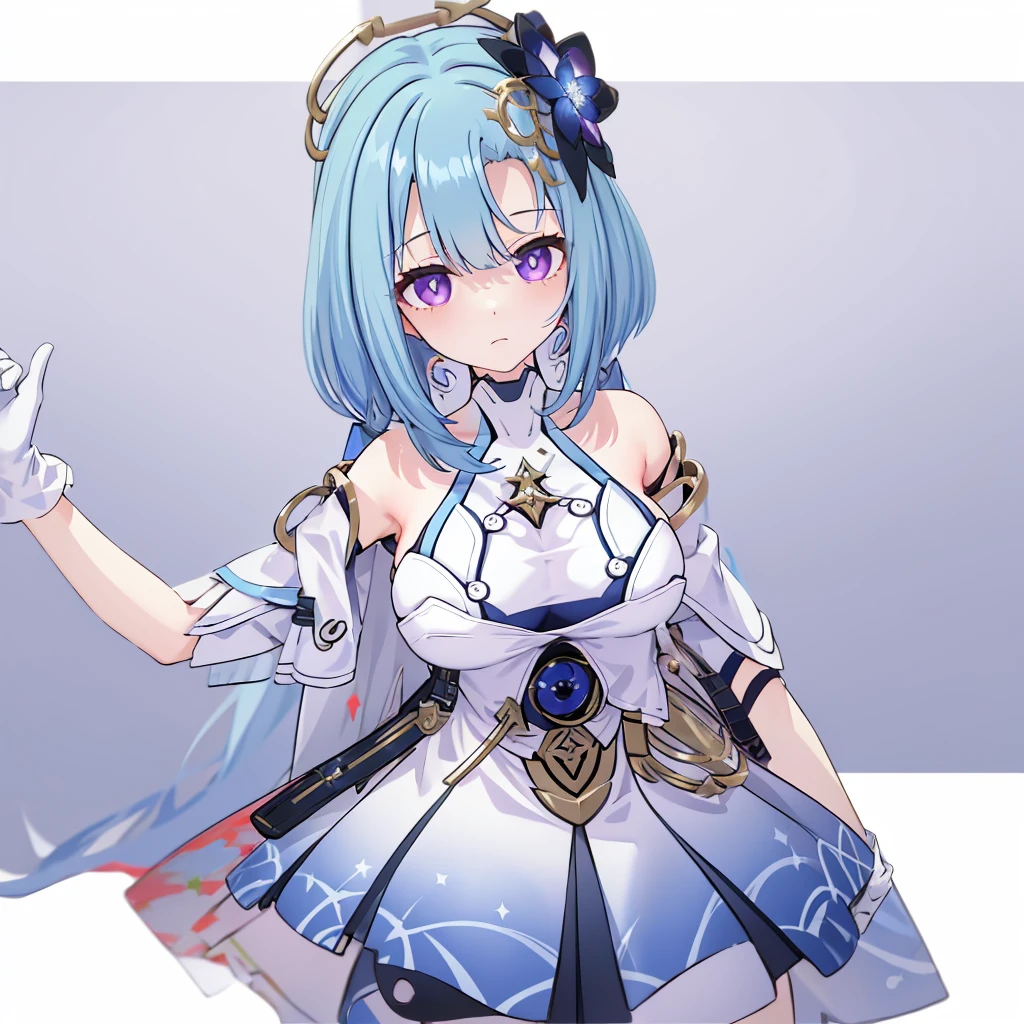 griseo,Cosmic Expression,Adult female,1girl, solo, long hair,large breast, looking at viewer, bangs, simple background, hair ornament, gloves, dress, bare shoulders, closed mouth, blue hair, purple eyes, upper body, white gloves, white dress, blue background,