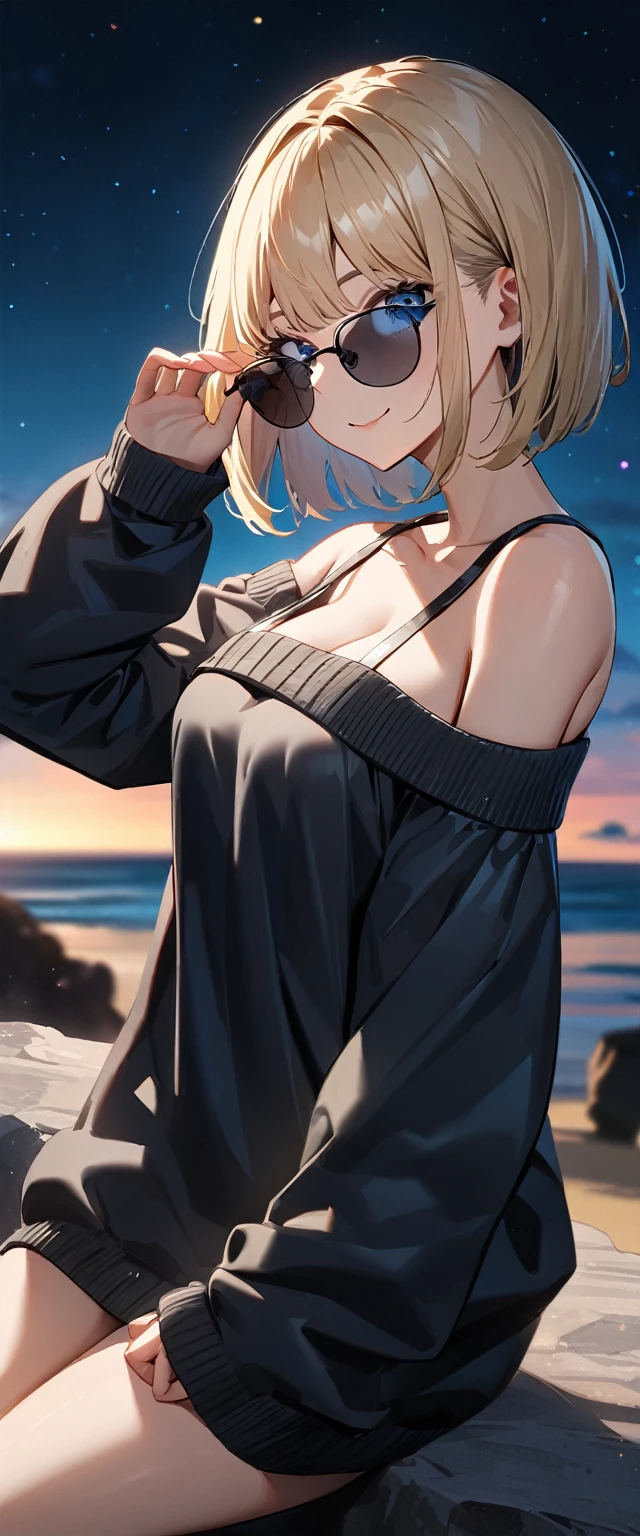 (((a beautiful starry sky, the Milky Way shining beautifully in the night))), ((bare legs)), (((sunglasses, hand to sunglasses))), (Aran sweater), ((((from side)))), upper body, ((sitting on the very high cliff)), wavy hair, inward curled hair, sea, beach, ((blond hair, bob cut:1.3)), breasts, ager, (looking at viewer), oversized clothes, puffy long sleeves, ((off-shoulder sweater:1.3, Quite thick shoulder straps)), ((black sweater)), collarbone, head tilt:1.3, (((blue eyes))), happy smile, (((anime style))), (best quality, 4K, 8K, highres, masterpiece:1.2, ultra-detailed, ultra-detailed eyes, HDR, uhd, studio lighting, ultra-fine painting, sharp focus, physically-based rendering, extreme detail description, professional, vivid colors, bokeh)