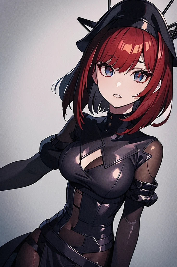 a beautiful girl with red hair wearing a black dress, detailed facial features, bob haircut, full body illustration, woman wearing a long black and red coat, solo character, white background, anime style, highly detailed, photorealistic, 8k, best quality, masterpiece, blue eyes, short hair