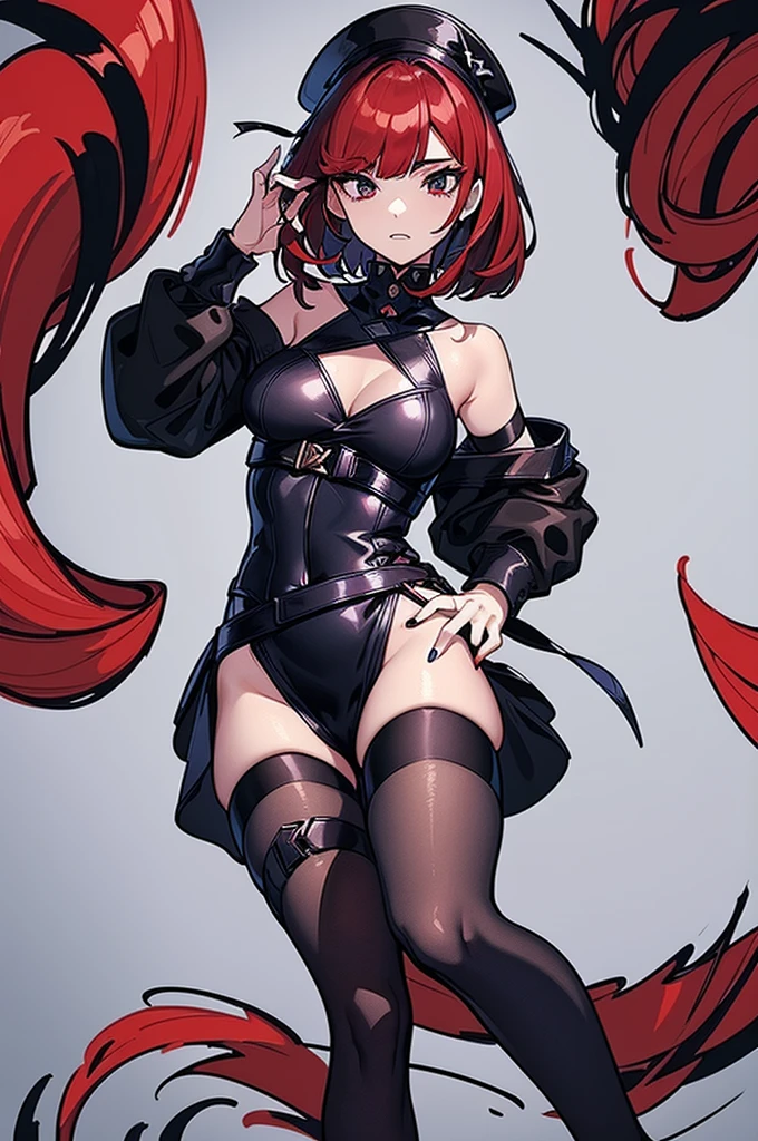 a beautiful girl with red hair wearing a black dress, detailed facial features, bob haircut, full body illustration, woman wearing a long black and red coat, solo character, white background, anime style, highly detailed, photorealistic, 8k, best quality, masterpiece, blue eyes, short hair