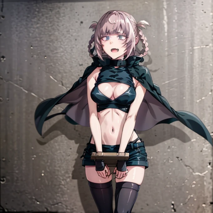 best quality, (masterpiece:1.2), highly detailed,
yofukashi background, street, starry sky,
1girl, solo,
nanakusa nazusa,
standing, looking at the viewer, open mouth, angry, fang,
blue eyes, pink hair, hair rings,
black cape, sleeveless turtleneck, cleavage cutout, navel, black shorts, black thighhighs, big breasts, thick thighs, stocks, collar, shackles, chains