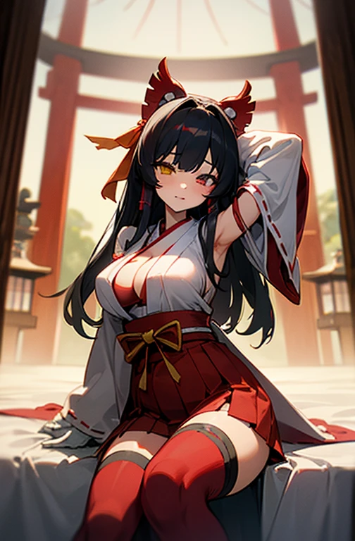 miko,huge breasts,long hair,blunt bangs,black hair,tareme,((masterpiece)), ((best quality)), ((highest quality)), ((ultra-detailed)), ((8k cg wallpaper)), ((extremely delicate and beautiful)), ((illustration)), ((1girl, solo)), ((shrine maiden outfit)), ((miko)), ((red skirt)), ((red hakama)),