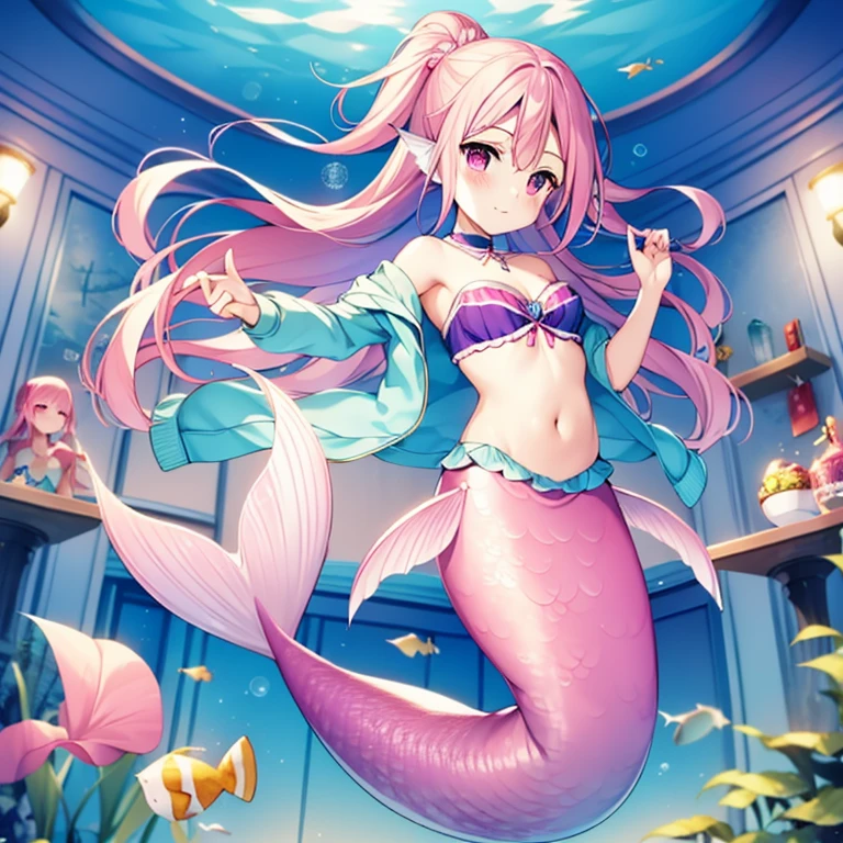 (masterpiece), (1girl), (tsumugiswim), (massive), (pink hair), (Twin tails), (Purple eyes), (smile), (:o), (coral reef), (frills), (underwater), (bubble:1.1), (thigh), (blue swimwear), (looking back:1.1), (from behind:1.4), (large breast), (huge ass), (close up ass), (orange flower), (thigh strap), (wrist scrunchie)