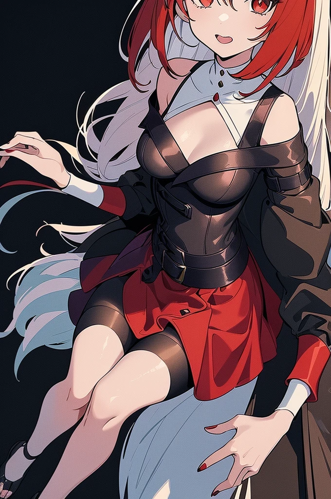 Cartoon of a woman in a clown costume holding a ruby staff, y payaso lindo, ann takamaki de persona , no more heroes concept art, concepto de cuerpo completo, detailed concepto de cuerpo completo, fanart exquisito muy detallado, Yandere intrincado, payaso lindo, cushart krenz arte clave femenino, white-skinned rosamonstro iconic character, orejas de ovejita, y una apariencia sexy y femenina, with large thighs and medium sized breasts. with jester costume, black corset and symbols of white hearts and white arrows, un tricornio, black slippers and a white line in the center and a red cotton ball, pantimedias blancas y casi transparentes. The jester's costume must be black and white; including two-tailed jester hat. La piel debe ser blanca y los ojos deben ser uno negro y otro blanco. No tiene pelo, only his face and sheep ears are shown. y un ojo blanco con un brillo azul claro; and red diamond symbols on the cheeks. with a medium sized butt and a slim waist. He carries a staff with a sheep and a jester's hat. expression: sonrisa exageradamente sonriente y lanzando un beso al expetador. ambiente: circo con muchas luces y fuegos artificiales