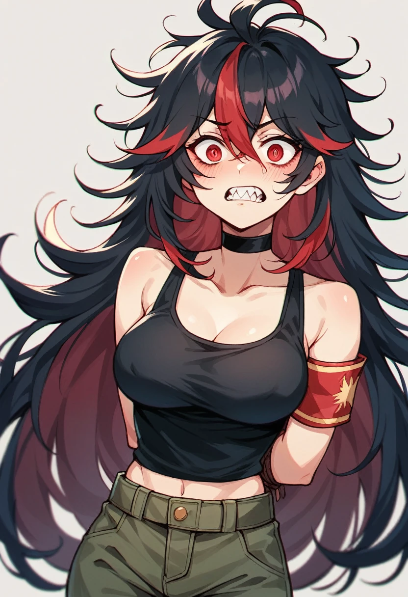 NSFW,Highest quality, Intricate details, chromatic aberration, One girl, Long Hair, Black Hair, Messy Hair, Red highlights, Hair on one eye, Red eyes, Sharp eyes, choker,Teeth bare,Black tank top,Army Pants ,Big Breasts, Armband, Put your arms behind your back, Arms tied,Facing forward,shirt lift,Arm from off-screen,Open beast,blush,Surprise expression,White Breath,Nipples being played with