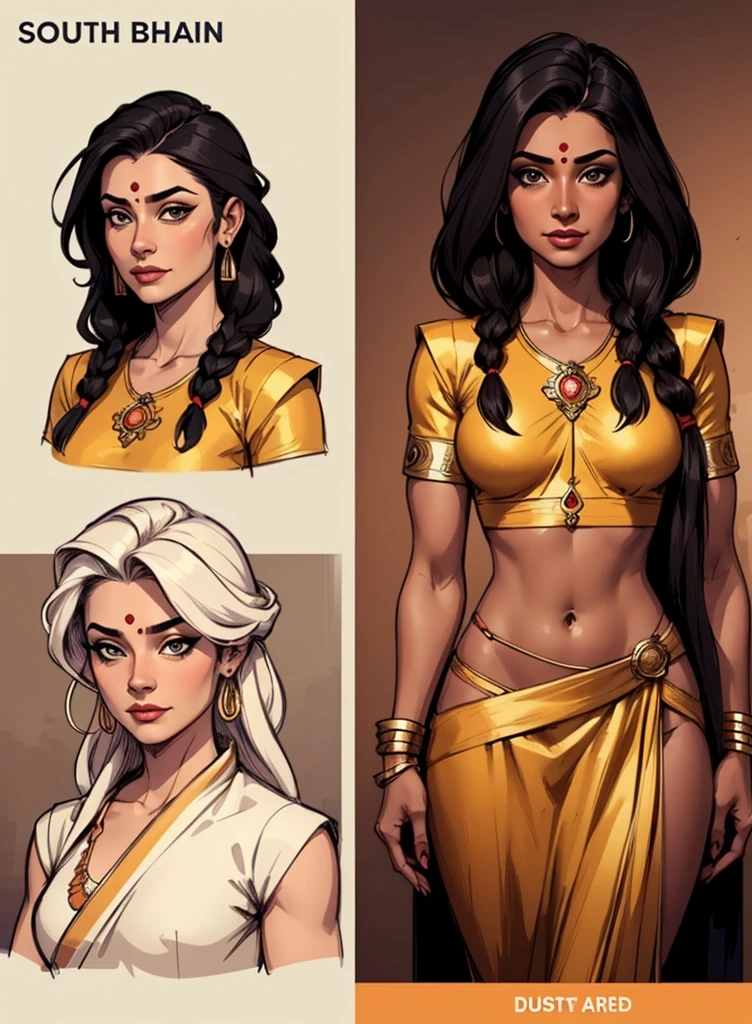 digital art, reference sheet, south indian feminine characteristics, adult, mature woman, dusky skin, dreadlocks, facing forward, neutral expression, chest length portrait
