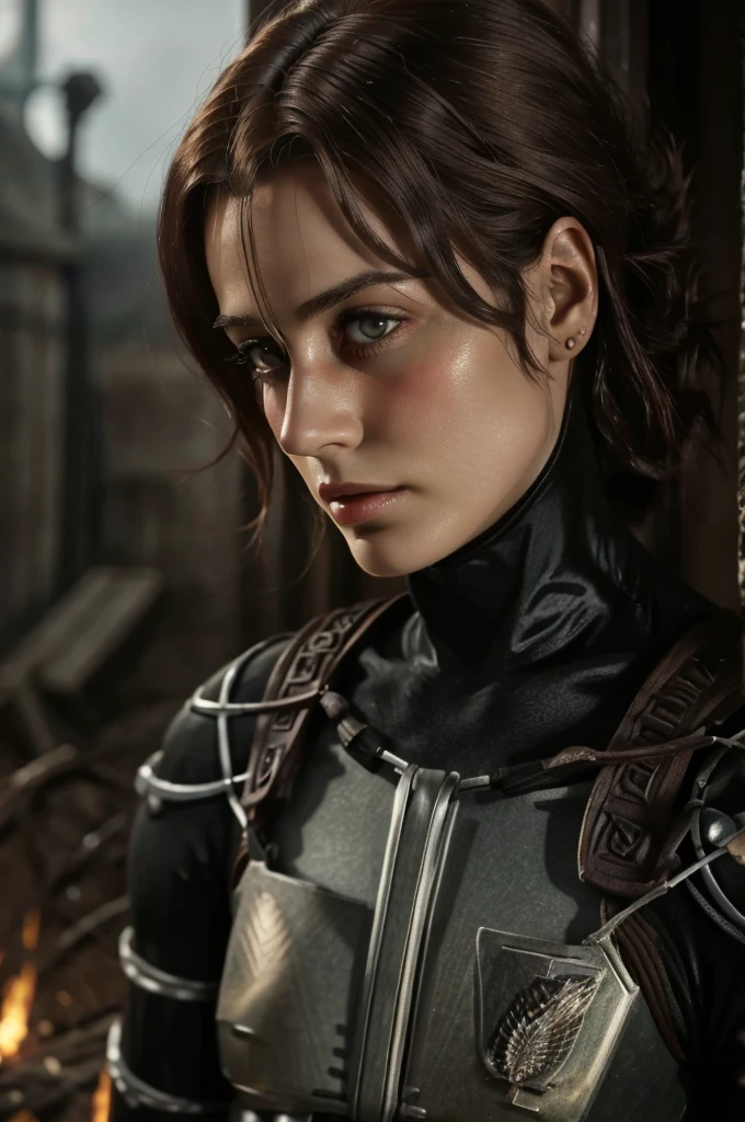 Women from Edwardian age,make hair brown, eyes color Havel Skin pale 
, Survey Corps bodysuit ,1926 years,dark night,liberio background attack on titan 