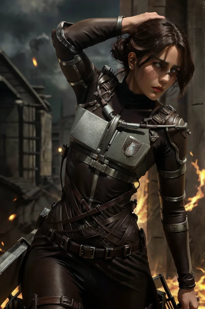 Women from Edwardian age,make hair brown, eyes color Havel Skin pale 
, Survey Corps bodysuit ,1926 years,dark night,liberio background attack on titan 