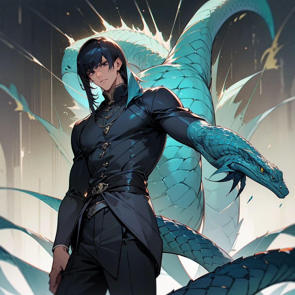A darked skinned, human serpent hybrid, with dark blue scales and hair with a long serpent tail. Male.