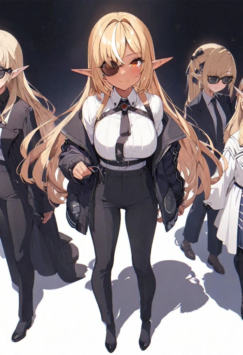 (muste piece), (best quality), very detailed eyes, expressive eyes, perfect face, very detailed face, highly detailed face, beautiful girl, 8K, beautiful girl, white background, delicate and beautiful face and eyes, dark intense shadow, 
1 girl, vtuber style, cool girl, hololive,  Shiranui Flare, Elf ears, blond hair, dark skin, Long-sleeved jacket, matching trousers, long-sleeved shirt, tie, big chest, sunglasses, one eye close winking, smile, (full body), standing,