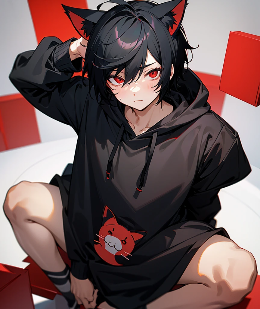 one boy, toned, flexing, sharp big cat ears, cat tail, big black messy hair, extremely vibrant red eyes, masterpiece, vibrant, thong, slim dark black hoodie, full body view, neutral face, black thigh socks, combat boots.