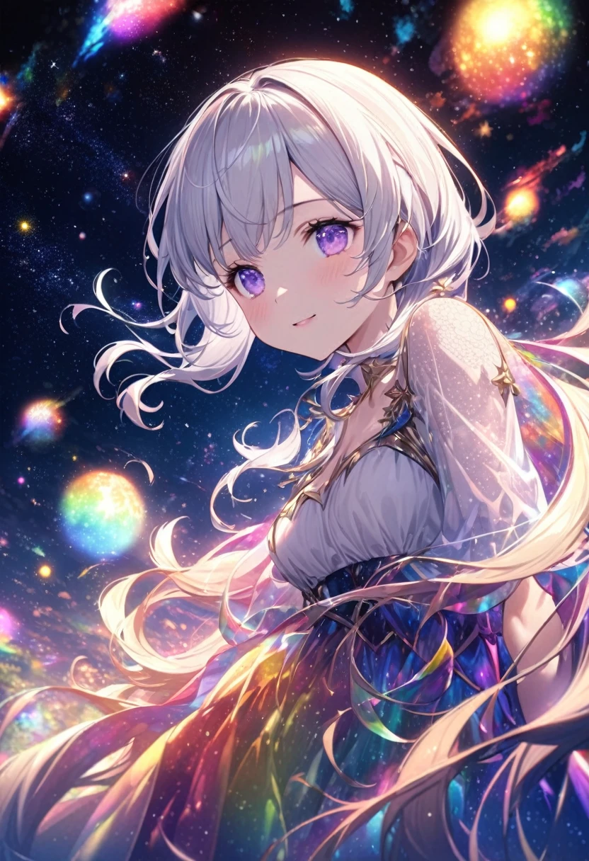 High Detail, Very detailed, Ultra-high resolution, Purple Eyes，White hair，A girl having a good time in a fantasy galaxy, Surrounded by stars, The warm light shines on her, Background is starry sky，There are colorful galaxies and galaxy clouds, The stars fly around her, Delicate face, Add playfulness , 