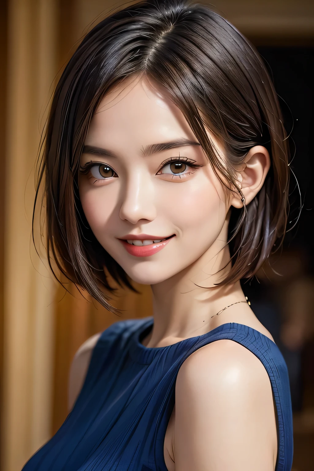 ((1 Ultimate beauty))、mature、Beautiful Face、Brown eyes、Detailed lips, Beautiful eyes in every detail, double eyelid, Long eyelashes、(Huge breasts), (curve), Lips parted, Beautiful teeth alignment, blush, Captivating Gaze、Captivating smile, (Brunette Bob), (Sexy short silk dress with perfect fit), Futomomo, Sexy pose, Detailed background, background: (Celebrity Mansions)、Realistic background and accessories、((Cowboy Shot))、(Advanced Depth of Field)、((masterpiece))、((Highest quality))、reality、reality、High resolution、Very detailed、reality lighting, reality