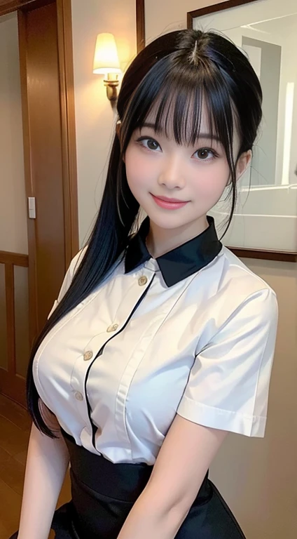 (highest quality,masterpiece:1.3,ultra high resolution,),(Super detailed,caustics),(Photoreal:1.4,RAW shooting,)ultra-realistic capture,very detailed,High resolution 16K human skin close-up。 natural skin texture、,The pores are、、、、Must be detailed enough to be easily identified。 Skin should look even-toned and healthy。 Use natural light and color,restaurant,waitress uniform,1 girl,Japanese,18-year-old,cute,black haired,ponytail,big breasts,smile,turn your body forward,(Front view:1.1),look at the camera,cowboy shot,