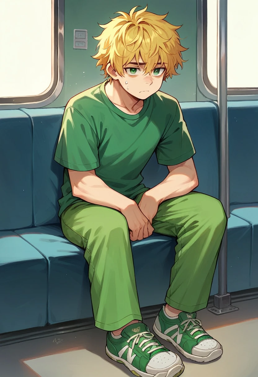 A man, young face, shoulder length hair, Yellow hair, messy hair, emerald green eyes, pointed chin, simple white t-shirt, green sports pants, sneakers, messy style, Sitting in a train seat, tired and discouraged,